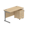 Wooden office desk with a metal frame and drawers on a white background