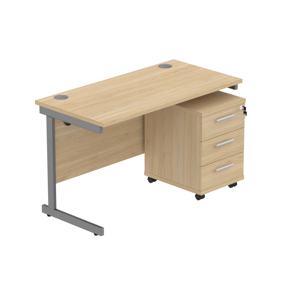 Wooden office desk with a metal frame and drawers on a white background