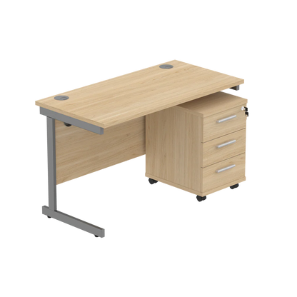 Wooden office desk with a metal frame and drawers on a white background