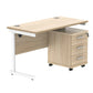 Wooden office desk with white legs and a matching pedestal on a white background