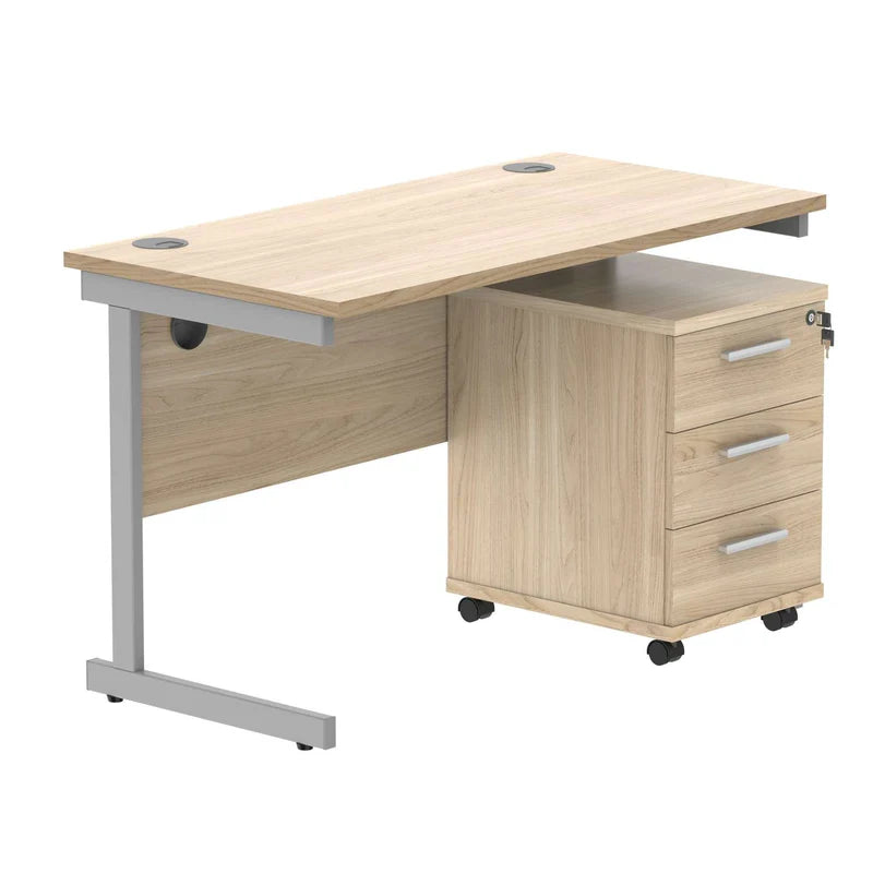 Wooden office desk with a silver frame on a white background