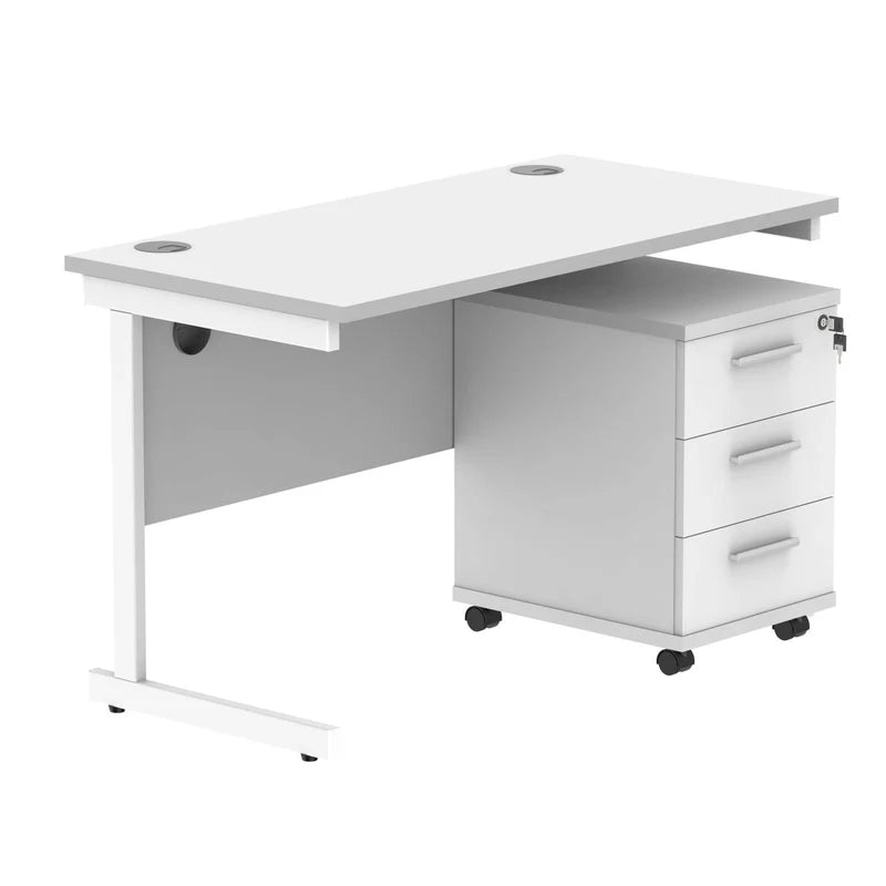 White office desk with a pedestal unit on a white background