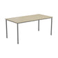 Rectangular table with beige top and silver legs on a white background