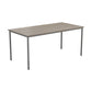 Rectangular table with a wooden top and metal legs on a white background
