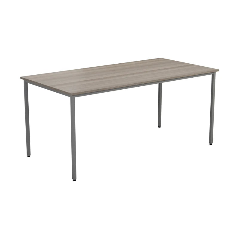 Rectangular table with a wooden top and metal legs on a white background