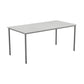 Rectangular table with a white top and gray metal legs on a white background