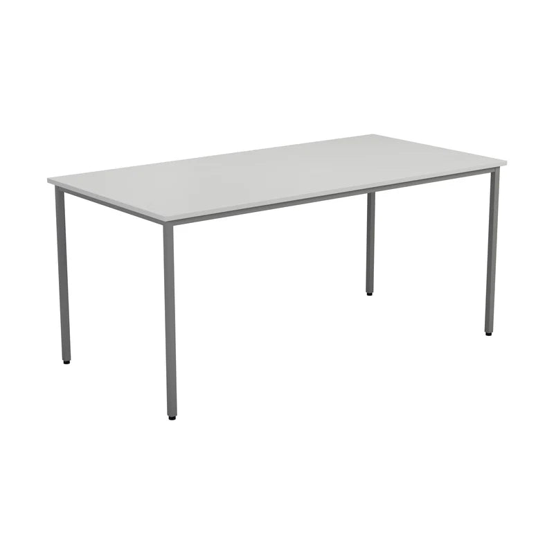 Rectangular table with a white top and gray metal legs on a white background