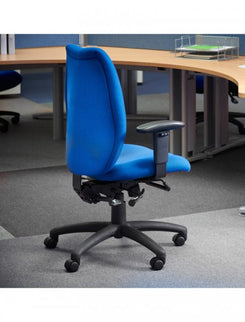 Blue office chair in an office setting with desks and chairs.