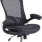 Black office chair with mesh back and adjustable headrest on a white background