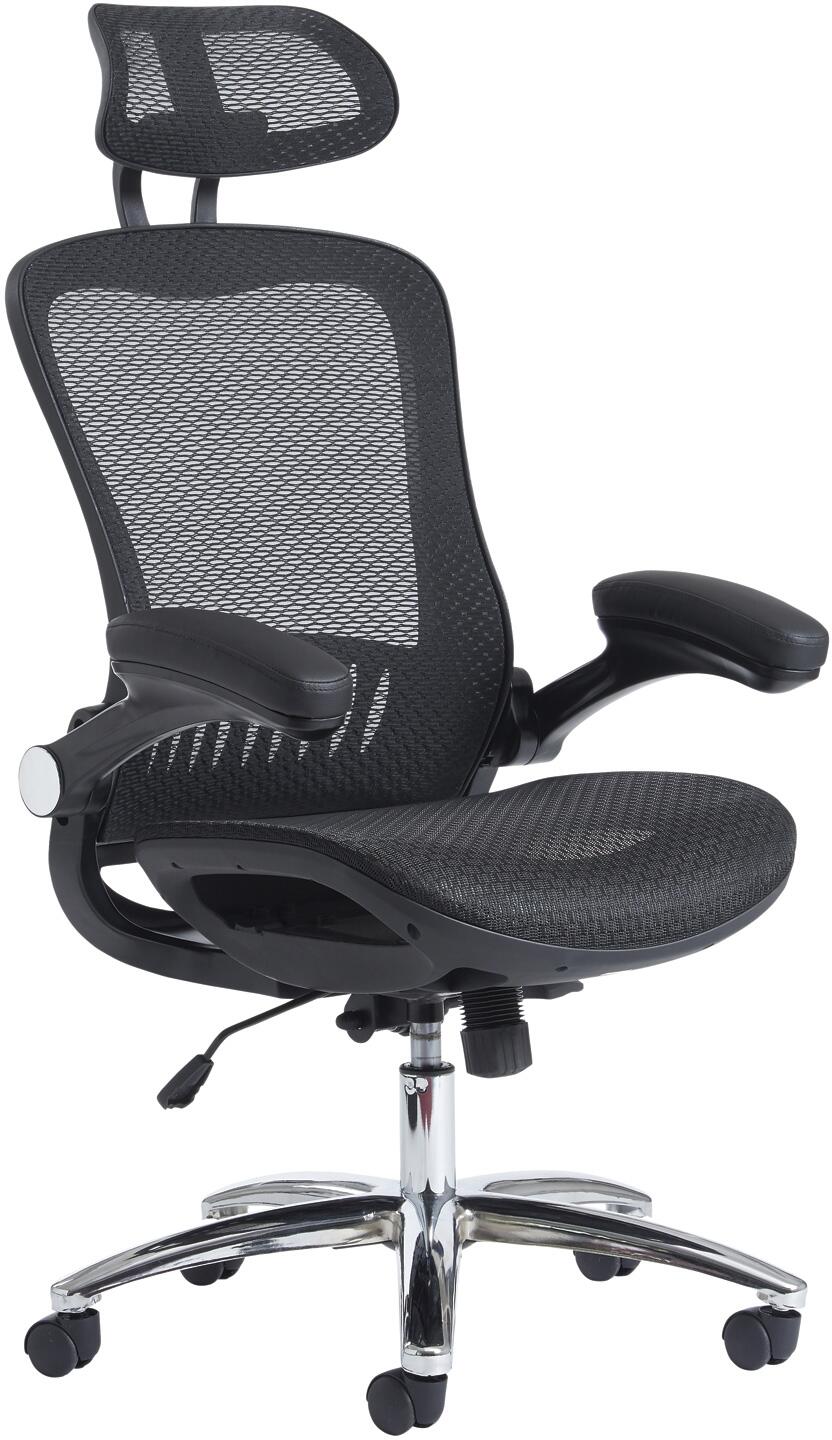 Black office chair with mesh back and adjustable headrest on a white background