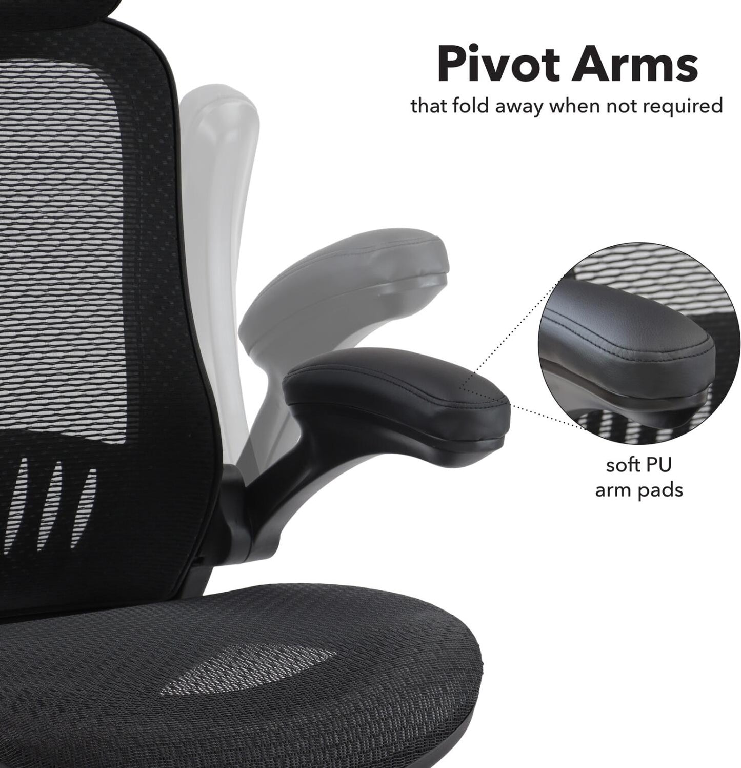 Black office chair with pivot arms and soft PU arm pads on a white background