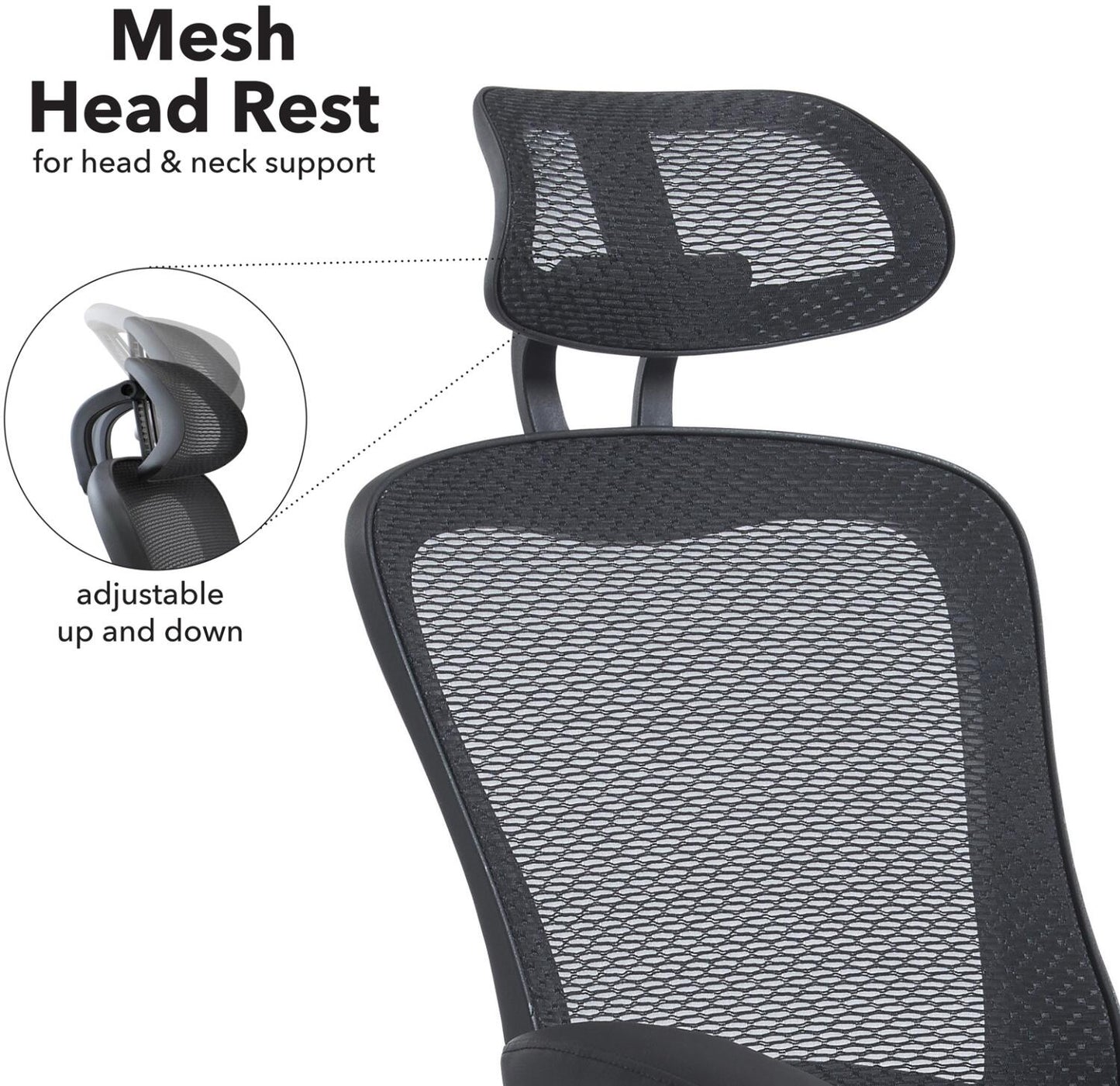 Mesh headrest on an office chair with adjustable feature highlighted