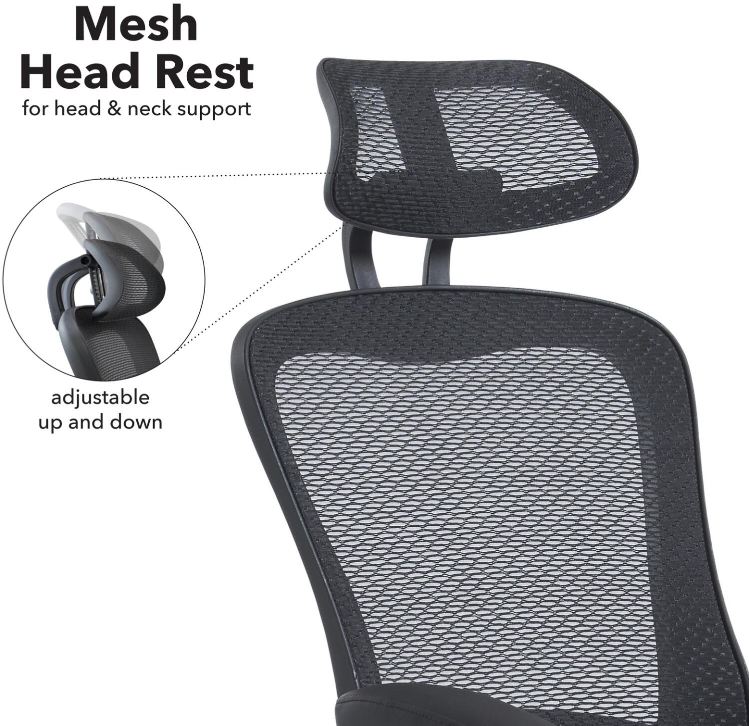 Mesh headrest on an office chair with adjustable feature highlighted