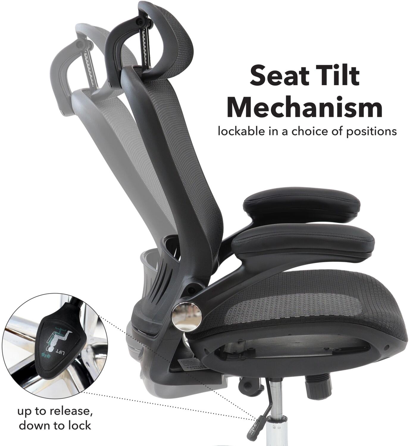 Ergonomic chair with seat tilt mechanism labeled on a white background