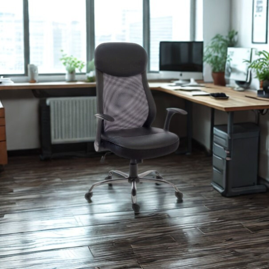 Office chair in a modern office setting with desks and computers.
