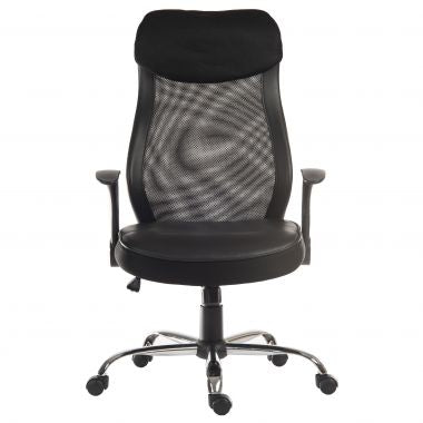 A black executive office chair with a mesh back and a leather look seat, featuring a five-point wheeled base, retractable armrests, and a headrest.