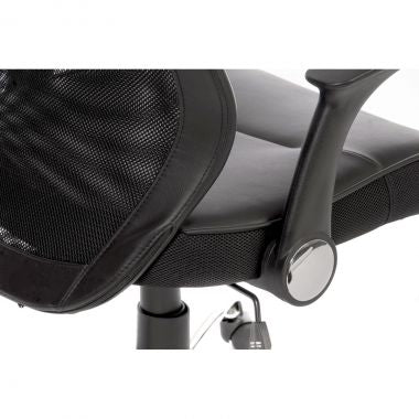 Close-up of a black office chair with mesh backrest and armrests on a white background