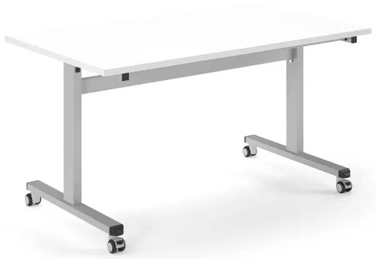 White table with wheels on a white background