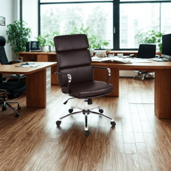 Brown office chair in a modern office setting with wooden desks and large windows.