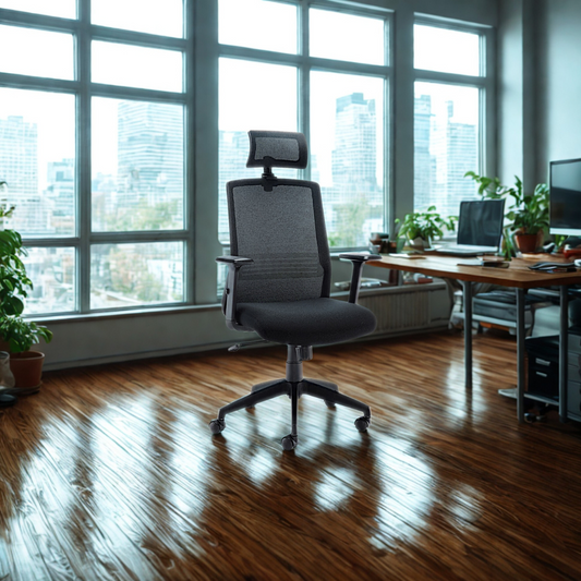 Modern office setup with a chair, desk, and city view