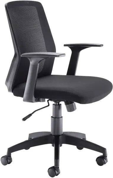 A contemporary mid back mesh chair with black swivel base and armrests, suitable for office use.