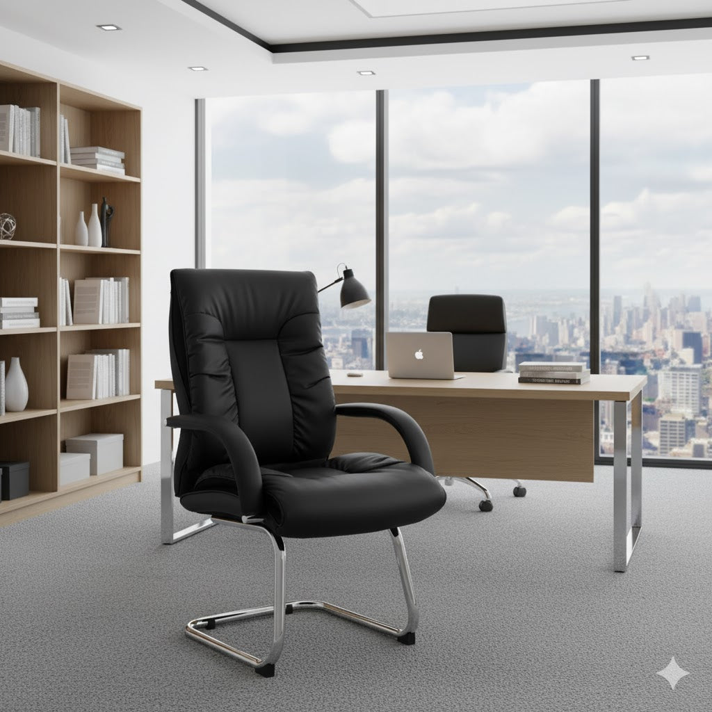 Modern office setup with a black leather chair, desk, and cityscape view.