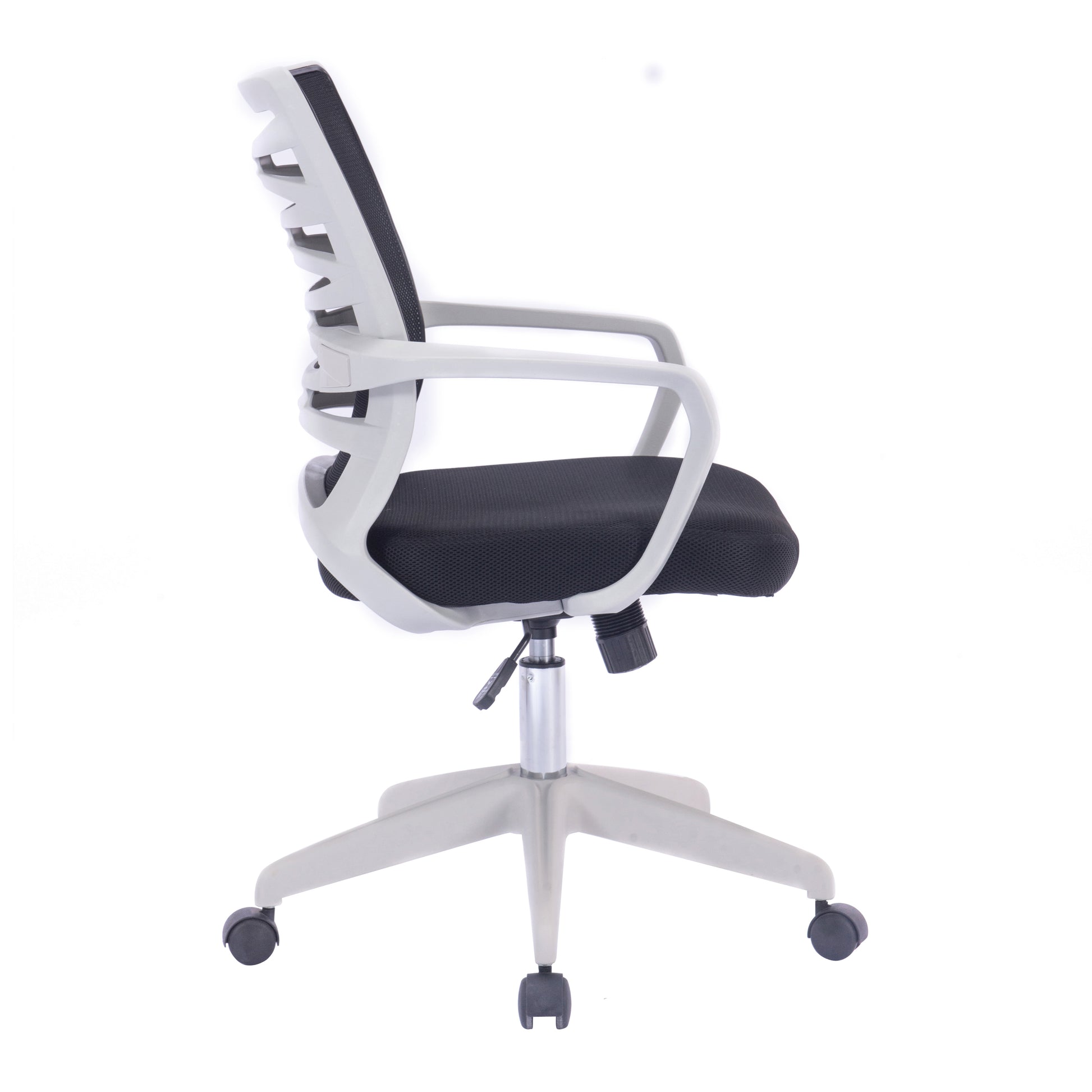 Black office chair with white frame on a white background
