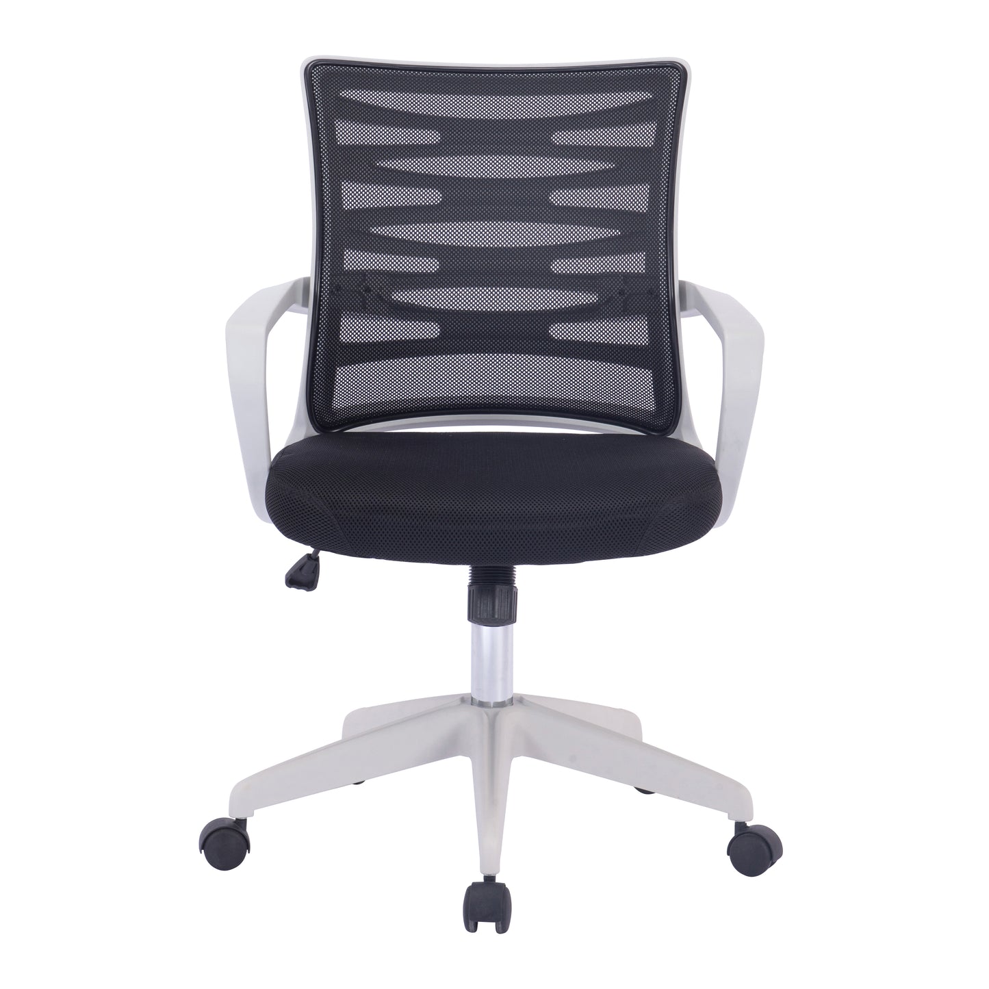Black office chair with mesh backrest on a white background