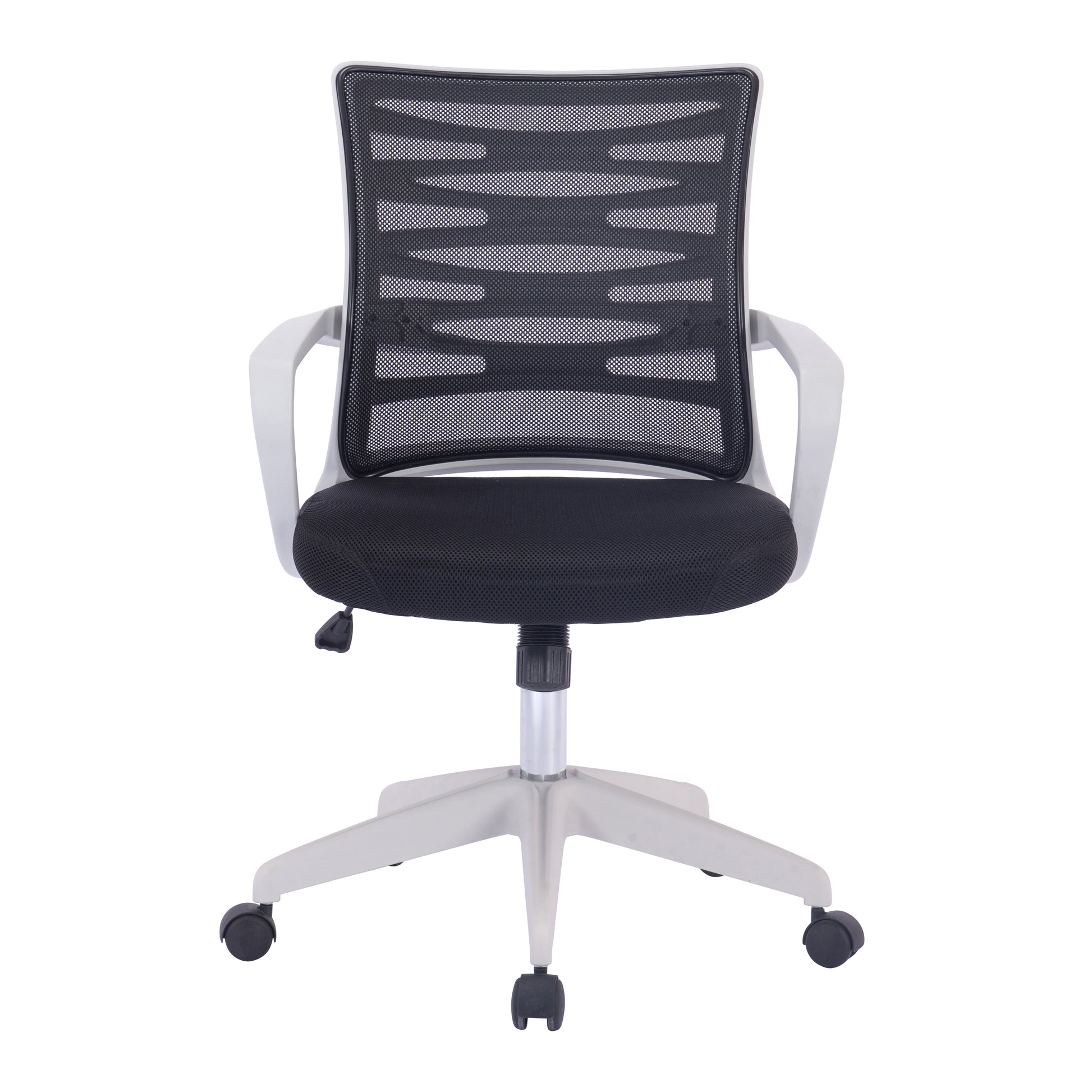 Black office chair with mesh backrest on a white background