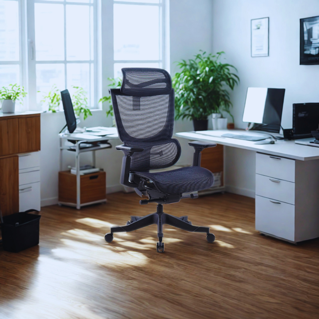 Modern office setup with ergonomic chair, desk, and computer equipment.