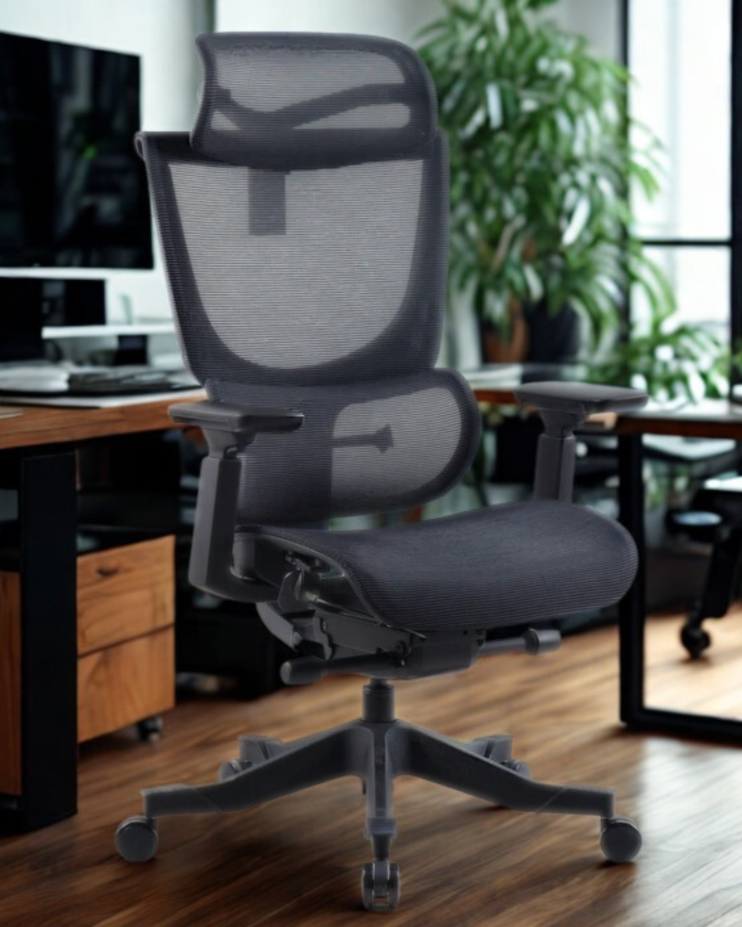 Black office chair in an office setting with a desk and plants.