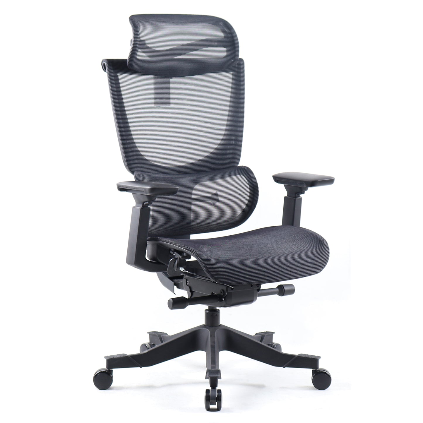 Elise black mesh back operator chair with headrest and black mesh seat, featuring a breathable design and an integrated lumbar mechanism.