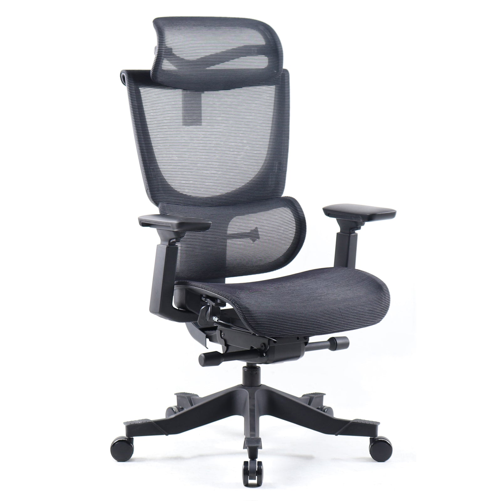 Elise black mesh back operator chair with headrest and black mesh seat, featuring a breathable design and an integrated lumbar mechanism.