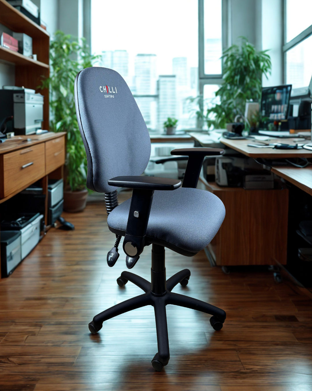 Blue office chair with 'CHILL' branding in an office setting
