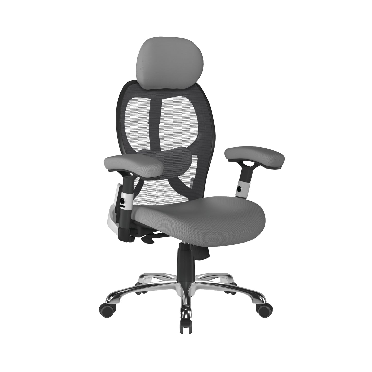 Gray office chair with mesh back on a white background