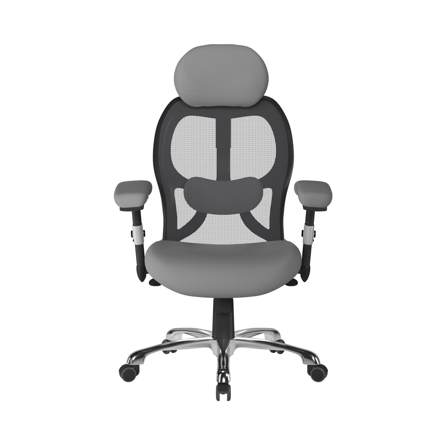 Gray office chair with mesh back and high backrest on a white background