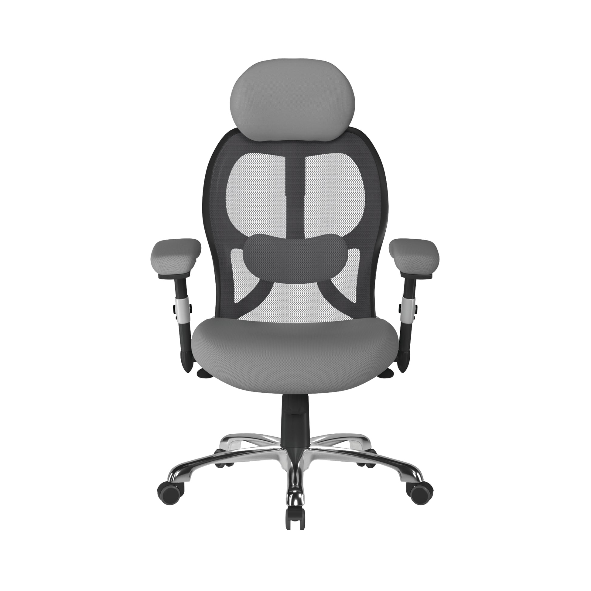 Gray office chair with mesh back and high backrest on a white background