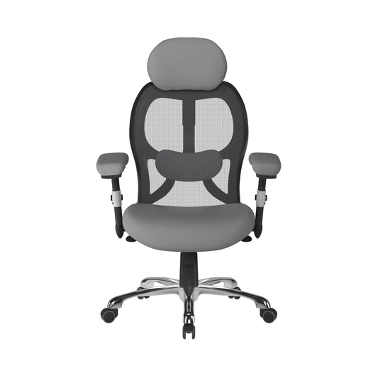 Gray office chair with mesh back and high backrest on a white background