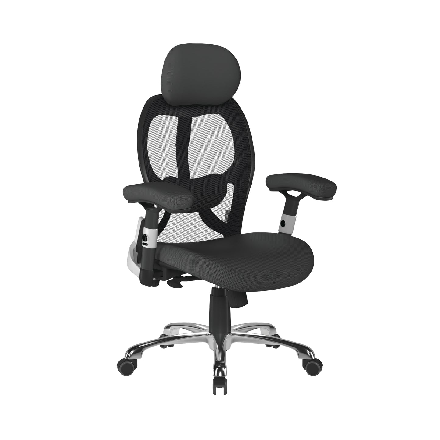 Black office chair with mesh back on a white background
