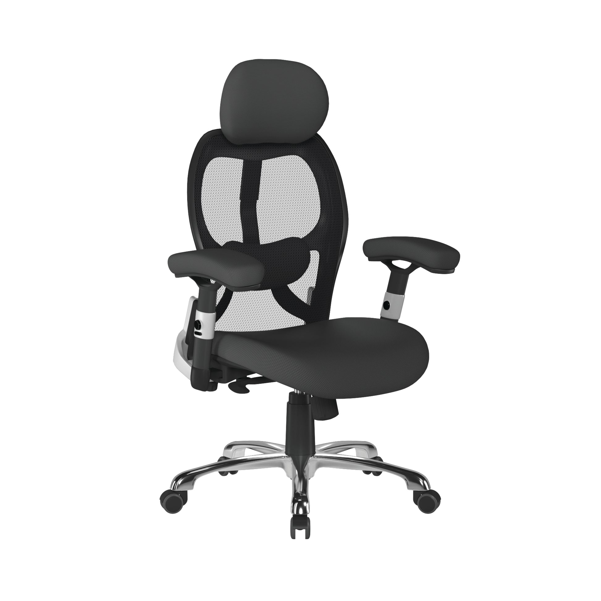 Black office chair with mesh back on a white background