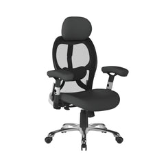 Black office chair with mesh back on a white background
