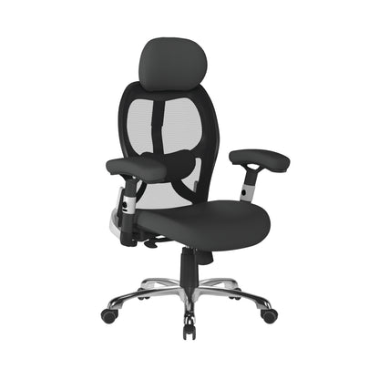Black office chair with mesh back on a white background