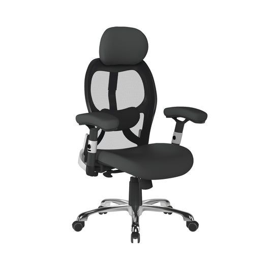 Black office chair with mesh back on a white background