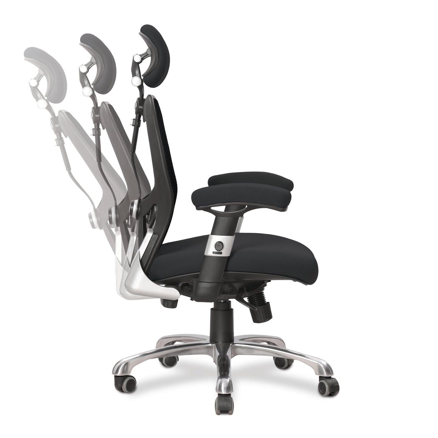 Black office chair with adjustable features on a white background
