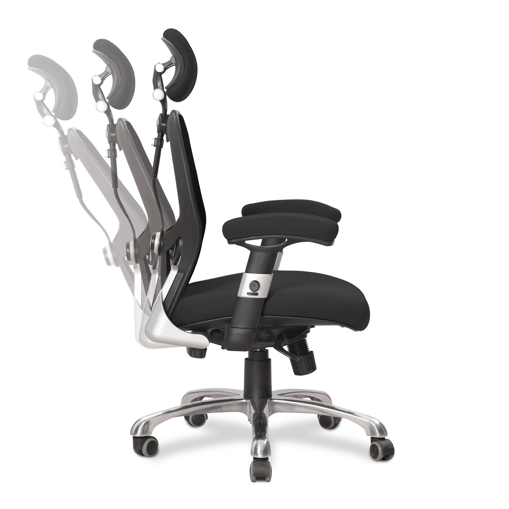 Black office chair with adjustable features on a white background