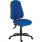 A high back executive operator chair in blue color with a gas lift, posture curve backrest, and a 4 lever asynchronous mechanism.