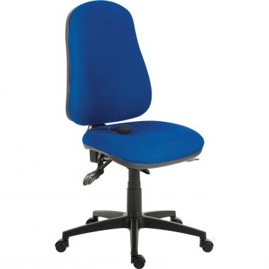 A high back executive operator chair in blue color with a gas lift, posture curve backrest, and a 4 lever asynchronous mechanism.