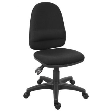 A high back operator chair in blue fabric with a black five pointed base and twin lever controls.