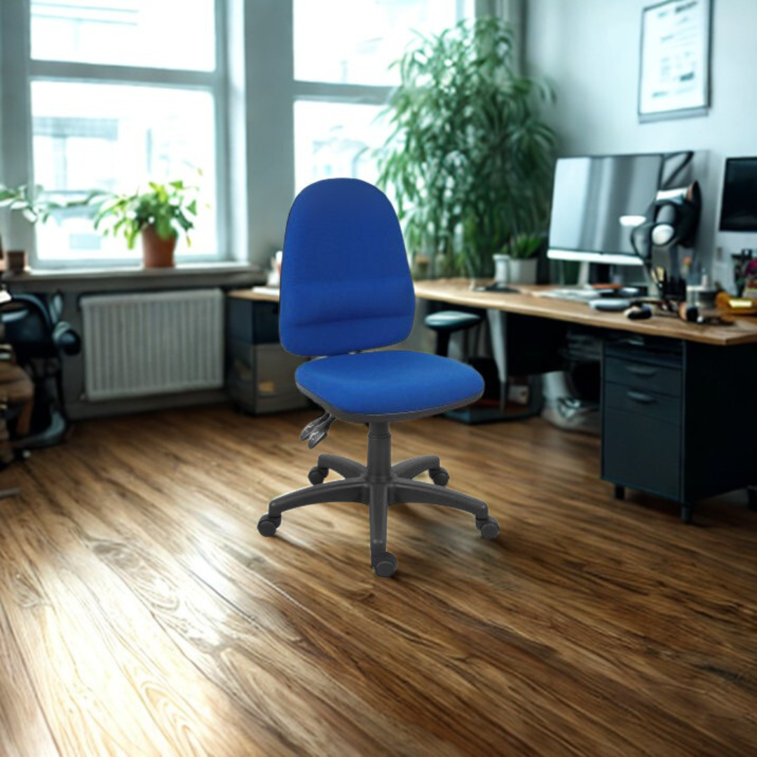 Blue office chair in a modern office setting with wooden floor and desk.