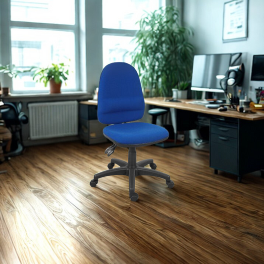Blue office chair in a modern office setting with wooden floor and desk.